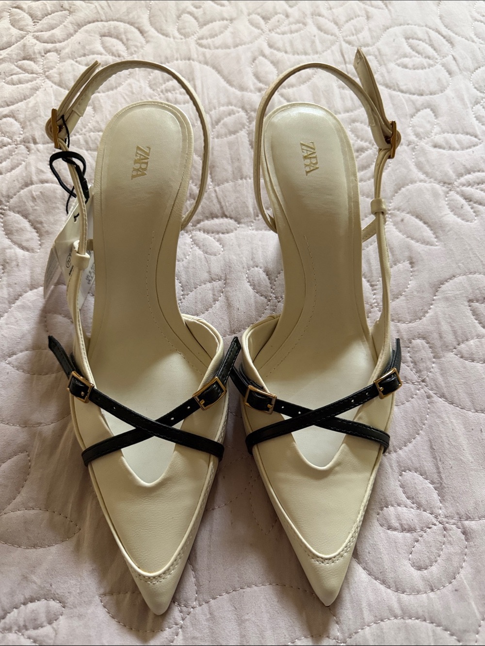 ZARA Cream and Black Pointed Slingback Heels